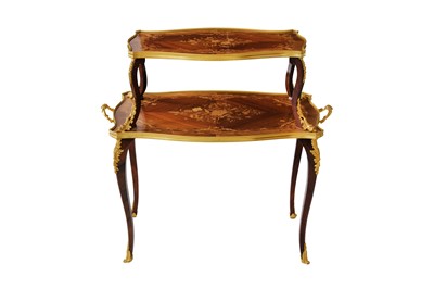Lot 100 - A 20TH CENTURY FRENCH GILT BRONZE MOUNTED KINGWOOD AND MARQUETRY TWO TIER ETAGERE
