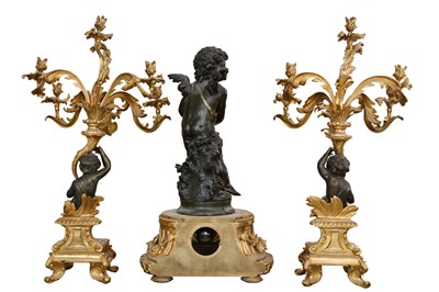 Lot 72 - A VERY LARGE LATE 19TH CENTURY FRENCH GILT AND PATINATED BRONZE FIGURAL CLOCK GARNITURE