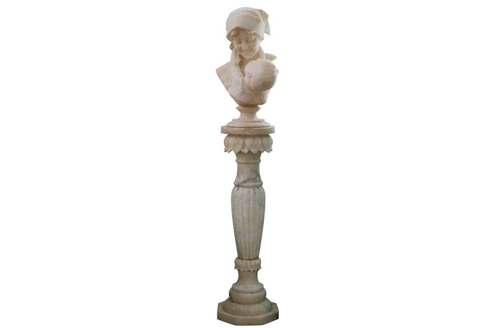 Lot 64 - A LATE 19TH / EARLY 20TH CENTURY ITALIAN ALABASTER BUST OF A MOTHER AND CHILD WITH STAND