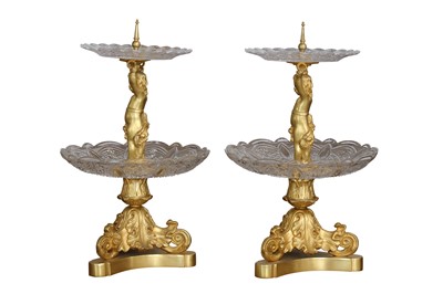 Lot 165 - A PAIR OF GILT BRONZE AND CUT GLASS TABLE CENTRE PIECES, IN THE EMPIRE STYLE, EARLY 20TH CENTURY