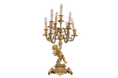 Lot 76 - A LARGE EARLY 20TH CENTURY FRENCH GILT BRONZE EIGHT BRANCH FIGURAL CANDELABRA