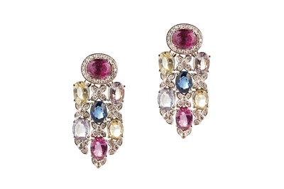 Lot 156 - A multi-coloured sapphire and diamond necklace and earrings
