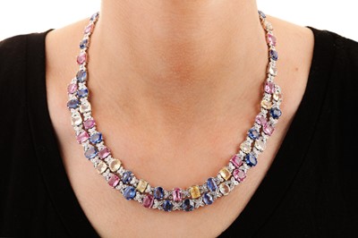 Lot 156 - A multi-coloured sapphire and diamond necklace and earrings
