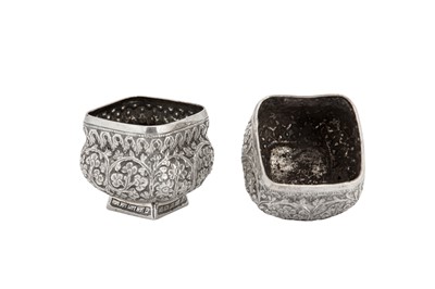 Lot 104 - A pair of late 19th century Anglo – Indian unmarked silver salts, Kashmir circa 1900