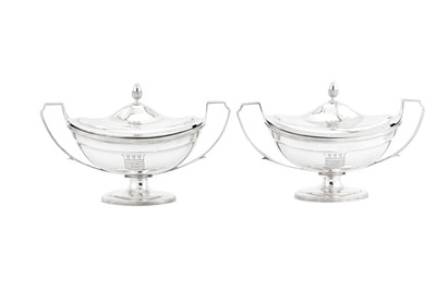 Lot 435 - A pair of George III sterling silver sauce tureens, London 1800 by Timothy Renou (this mark reg. 2nd Aug 1800)