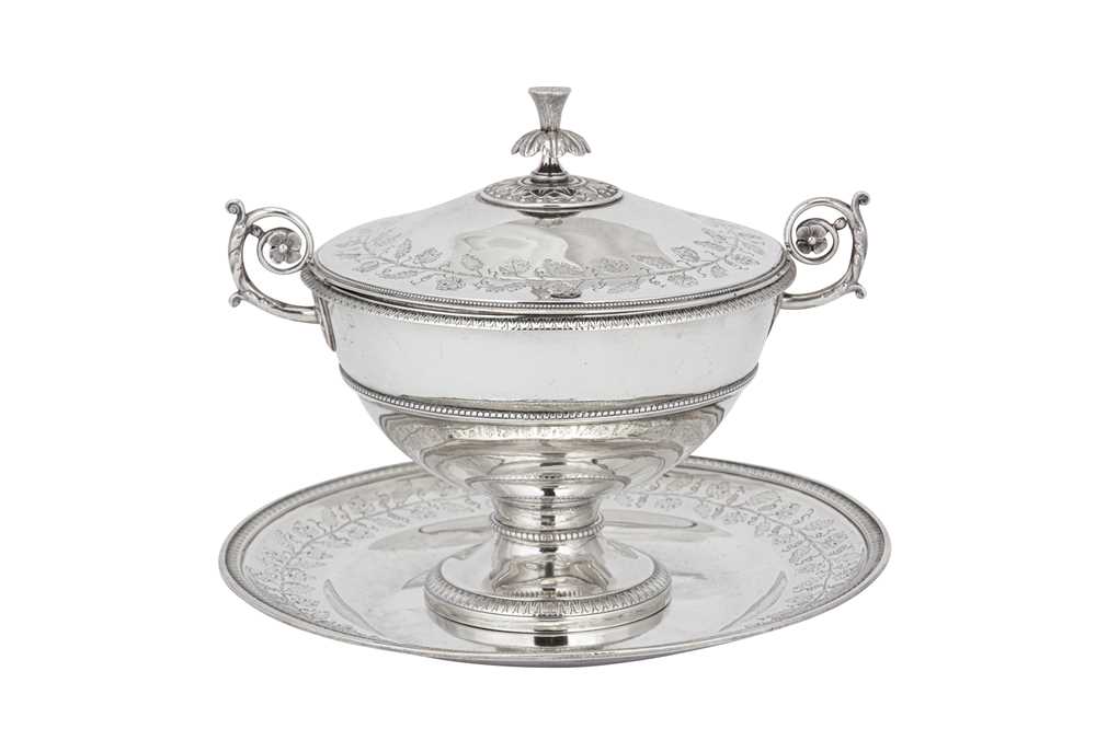 Lot 243 - A Louis XVII / early 19th century French 950 standard silver écuelle and stand, Paris 1819-38 mark of O.B. Bourgois