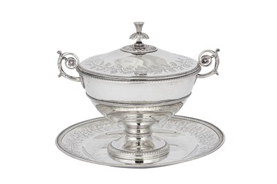 Lot 243 - A Louis XVII / early 19th century French 950 standard silver écuelle and stand, Paris 1819-38 mark of O.B. Bourgois