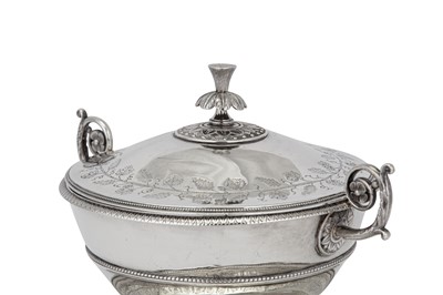 Lot 243 - A Louis XVII / early 19th century French 950 standard silver écuelle and stand, Paris 1819-38 mark of O.B. Bourgois