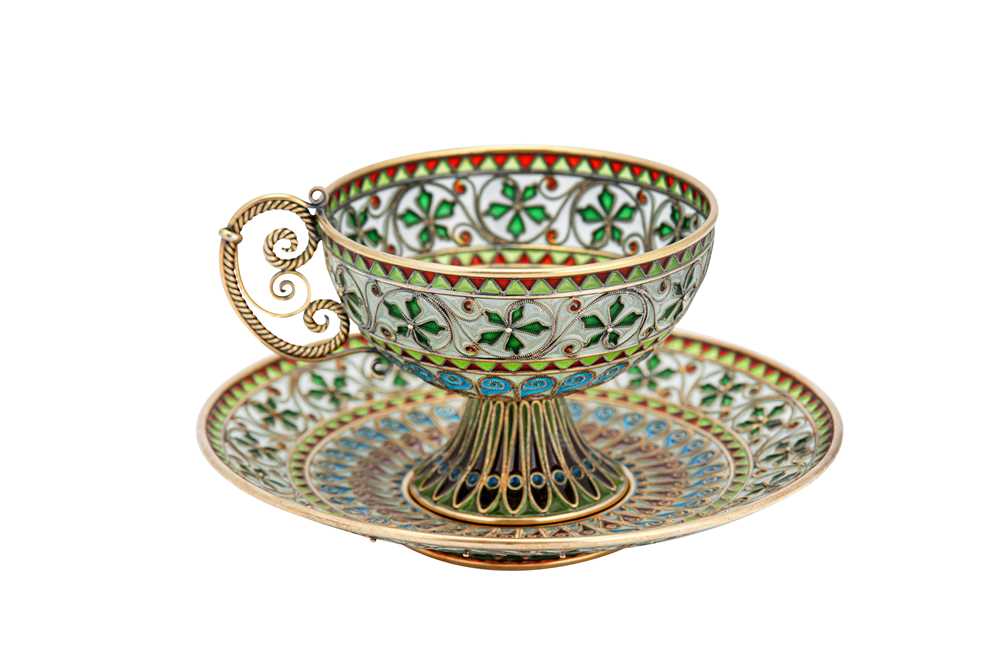 Lot 61 - An early 20th century Norwegian 930 standard silver gilt and plique-à-jour enamel cup and saucer, Bergen circa 1910 by Marius Hammer