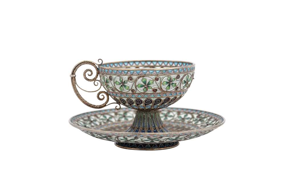 Lot 60 - An early 20th century Norwegian 930 standard silver gilt and plique-à-jour enamel cup and saucer, Bergen circa 1910 by Marius Hammer