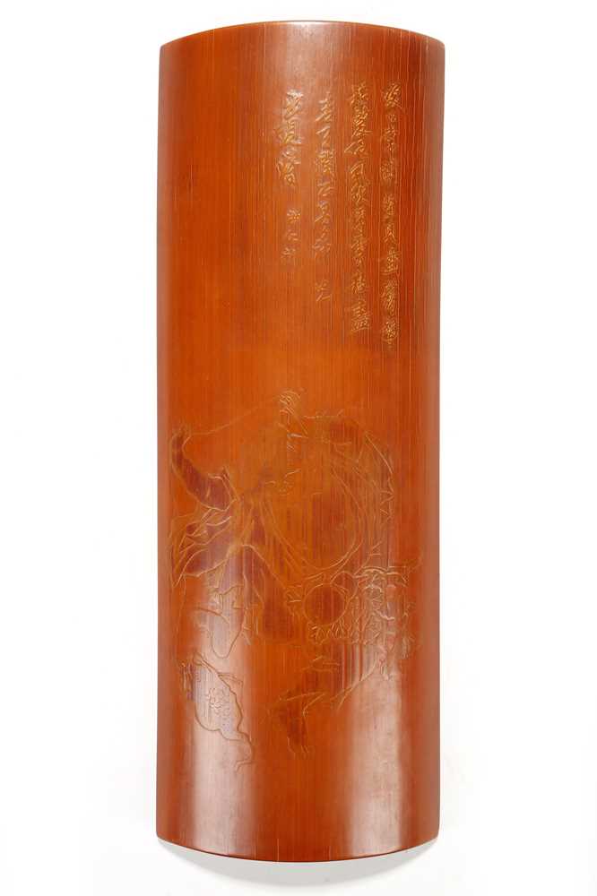 Lot 134 - A CHINESE BAMBOO WRIST REST DEPICTING LIU