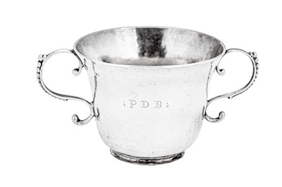 Lot 555 - A mid-18th century George III silver Channel Islands twin handled cup, Guernsey circa 1770 by Pierre Maingy (born c. 1718, active c.1755/1775)