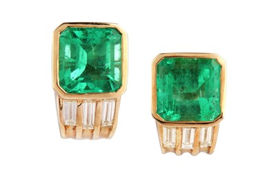 Lot 257 - A pair of emerald and diamond earrings