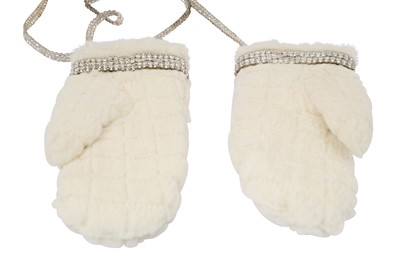 Lot 492 - Chanel Ivory Rabbit Fur Mittens with Chain - Size M