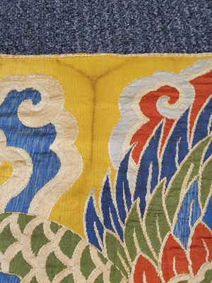 Lot 365 - A LARGE CHINESE YELLOW-GROUND 'DRAGON AND PHOENIX' TEXTILE.