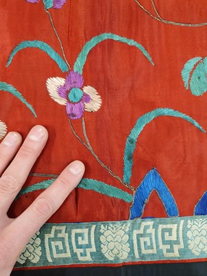Lot 362 - A CHINESE RED-GROUND EMBROIDERED 'PEACOCK' TEXTILE PANEL.