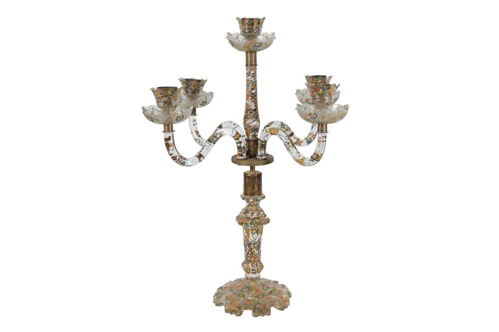 Lot 71 - A LARGE LATE 19TH CENTURY BOHEMIAN FOR THE OTTOMAN MARKET STYLE ENAMELLED GLASS CANDELABRA