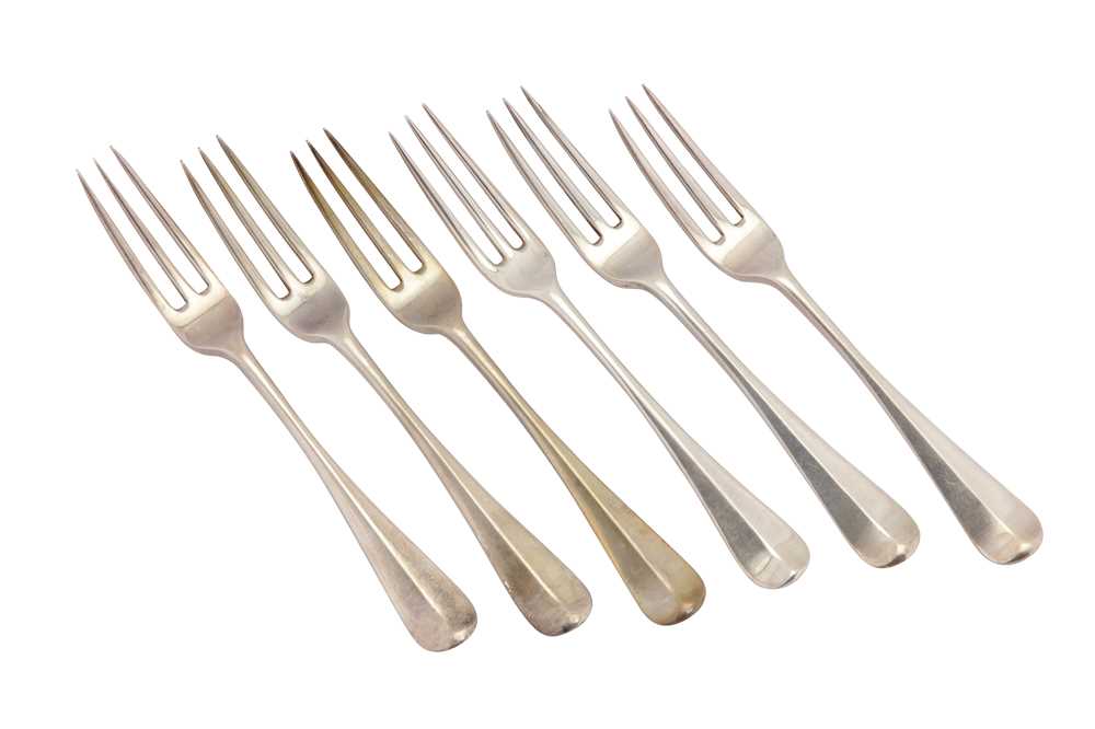 Lot 303 - A matched set of six Victorian sterling silver three-pronged table forks, five London 1889 by Aldwinckle and Slater