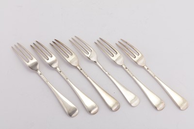 Lot 303 - A matched set of six Victorian sterling silver three-pronged table forks, five London 1889 by Aldwinckle and Slater