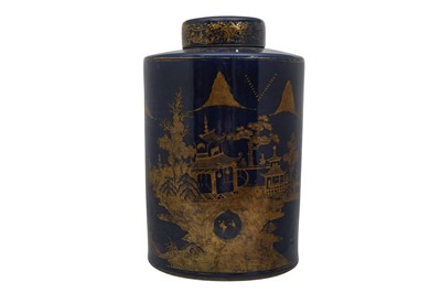 Lot 441 - A LARGE CHINESE BLUE-GROUND 'LANDSCAPE' TEA CADDY AND COVER.
