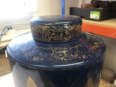 Lot 441 - A LARGE CHINESE BLUE-GROUND 'LANDSCAPE' TEA CADDY AND COVER.