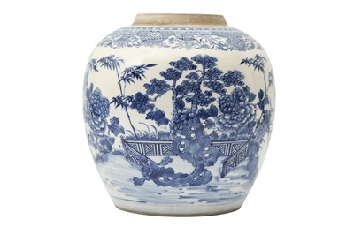Lot 685 - A CHINESE BLUE AND WHITE 'GARDEN' JAR.