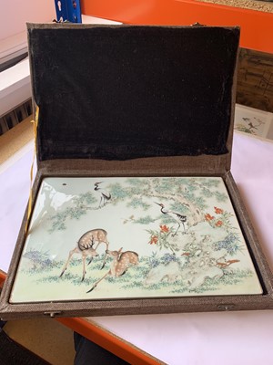 Lot 221 - A CHINESE FAMILLE ROSE RECTANGULAR 'DEER AND CRANE' PLAQUE.