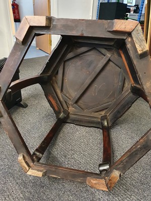 Lot 49 - A CHINESE HEXAGONAL CARVED WOOD STAND.