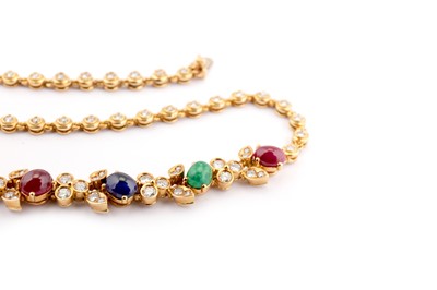 Lot 259 - A ruby, sapphire, emerald and diamond necklace and bracelet suite