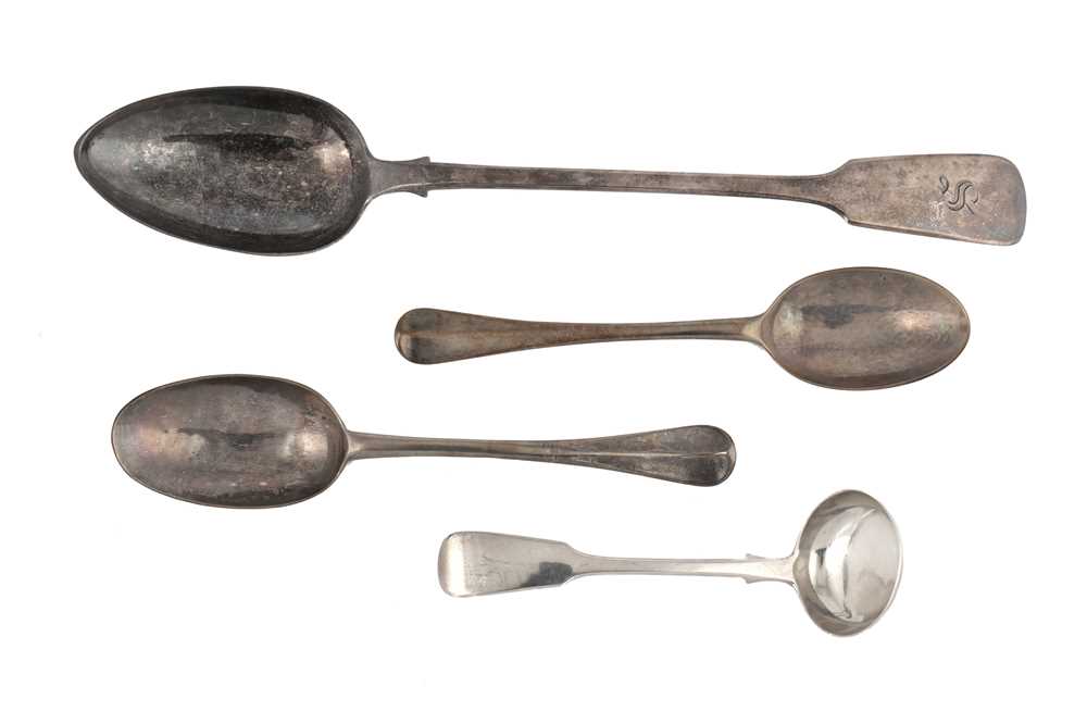 Lot 65 - A mixed group – A George I sterling silver dessert spoon, London 1720 makers mark obscured