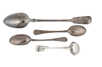 Lot 65 - A mixed group – A George I sterling silver dessert spoon, London 1720 makers mark obscured