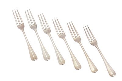 Lot 304 - A set of six Edwardian sterling silver three-pronged dessert forks, London 1903 by Hamilton & Co