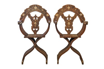 Lot 209 - λ A PAIR OF HARDWOOD MOTHER-OF-PEARL-INLAID DAGOBERT-STYLE ARMCHAIRS