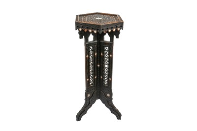 Lot 222 - λ A HARDWOOD MOTHER-OF-PEARL-INLAID TALL HEXAGONAL STAND