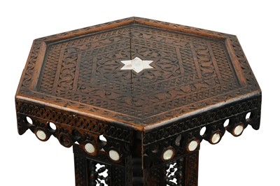 Lot 908 - λ A HARDWOOD MOTHER-OF-PEARL-INLAID TALL HEXAGONAL STAND