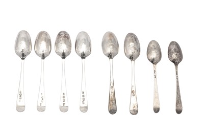 Lot 239 - A set of four George III sterling silver picture back teaspoons, London 1785 by Charles Hougham