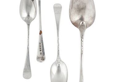 Lot 63 - A mixed group of sterling silver flatware – including a George II dessert spoon, London 1729 by William Petley