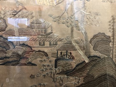 Lot 384 - A LARGE CHINESE EMBROIDERED SILK 'LANDSCAPE' PANEL.