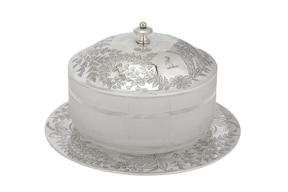 Lot 375 - A Victorian sterling silver and frosted glass butter dish, London 1870/71 by Thomas Bradbury & Sons