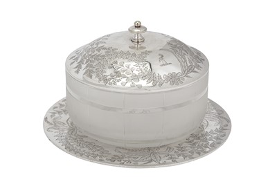 Lot 375 - A Victorian sterling silver and frosted glass butter dish, London 1870/71 by Thomas Bradbury & Sons