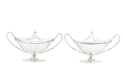 Lot 444 - A pair of George III sterling silver sauce tureens, London 1788 by Henry Chawner (reg. 11th Nov 1786)