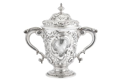 Lot 473 - Viscount Falkland - A George II sterling silver twin handled cup and cover, London 1749 by William Cripps (reg. 31st Aug 1743)