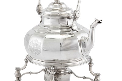 Lot 472 - A Queen Anne Britannia standard silver kettle on burner stand, London 1713 by Augustine Courtauld (reg. 23 Dec 1708)
