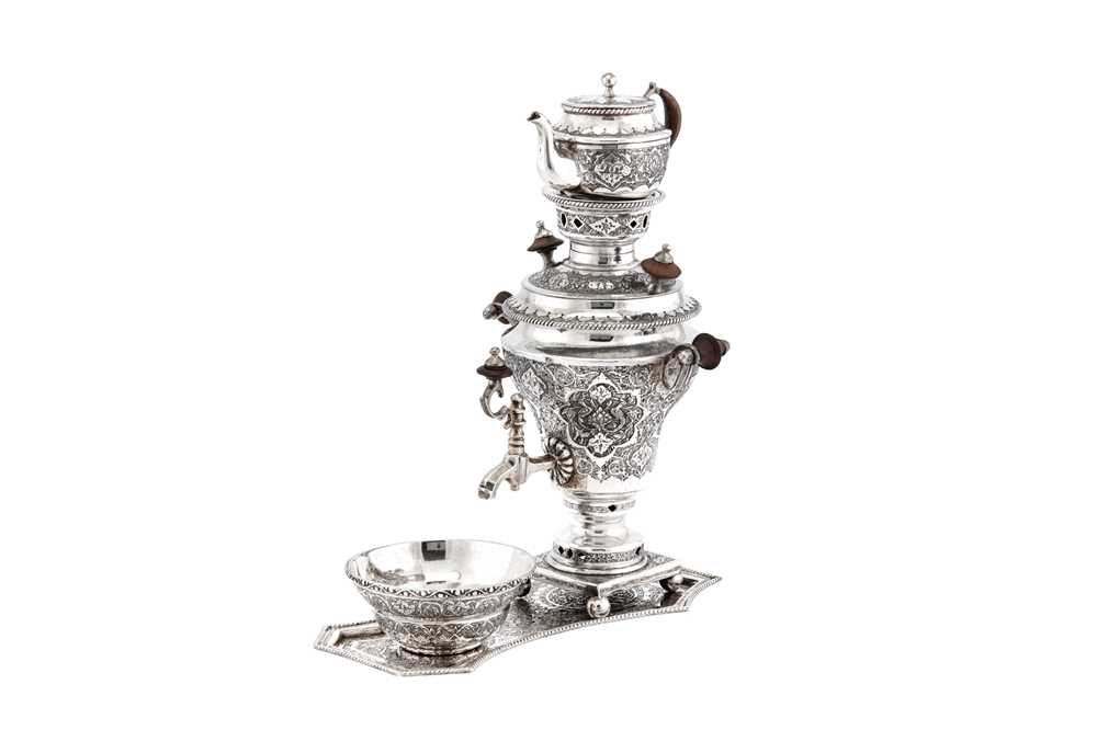 Lot 223 - A mid-20th century Iranian (Persian) silver samovar set, Isfahan circa 1960 mark of Abbas Afzali, retailed by Bibyayi