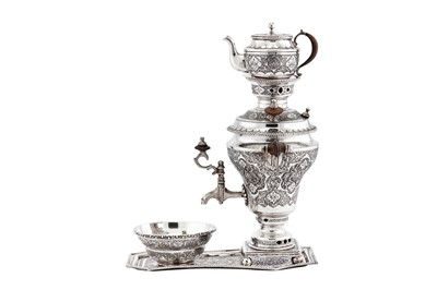 Lot 223 - A mid-20th century Iranian (Persian) silver samovar set, Isfahan circa 1960 mark of Abbas Afzali, retailed by Bibyayi