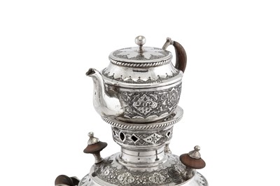 Lot 223 - A mid-20th century Iranian (Persian) silver samovar set, Isfahan circa 1960 mark of Abbas Afzali, retailed by Bibyayi