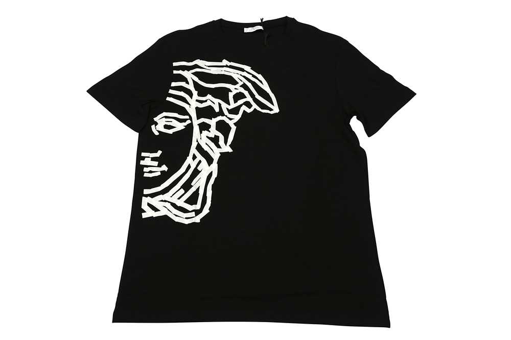 Lot 1292 - Versace Collection Black Tape Half Medusa Logo T-Shirt - Size L