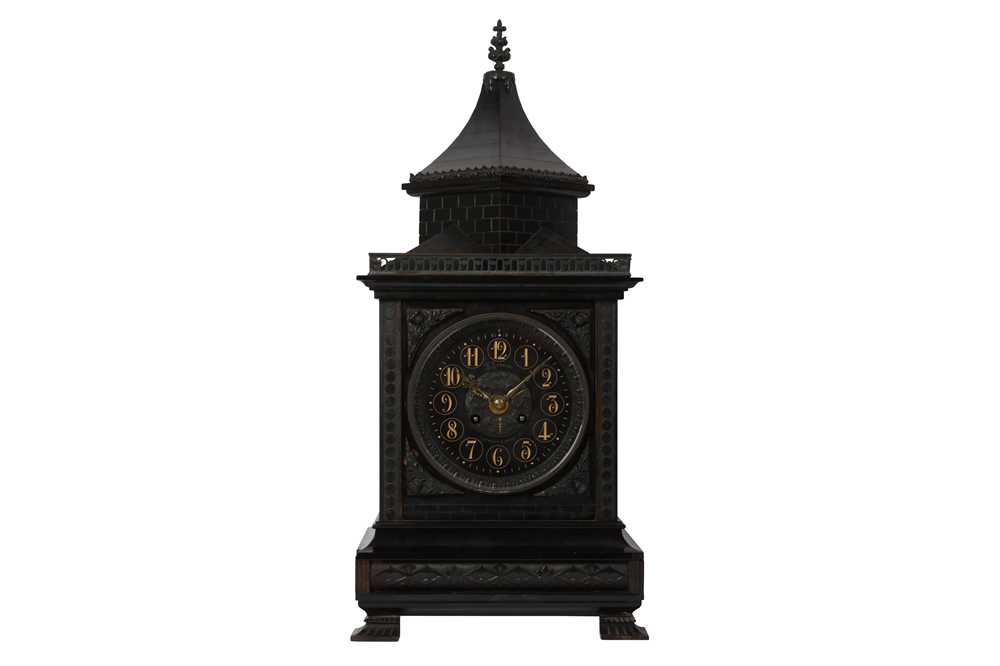Lot 129 - A LATE 19TH CENTURY VICTORIAN ENGLISH GOTHIC REVIVAL BLACK BELGIAN MARBLE MANTLE CLOCK