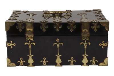 Lot 130 - A LATE VICTORIAN ENGLISH GOTHIC REVIVAL BRASS MOUNTED EBONY STATIONARY BOX