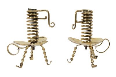 Lot 86 - A PAIR OF RARE AND UNUSUAL LATE 19TH CENTURY BRASS 'COURTING' CANDLESTICKS